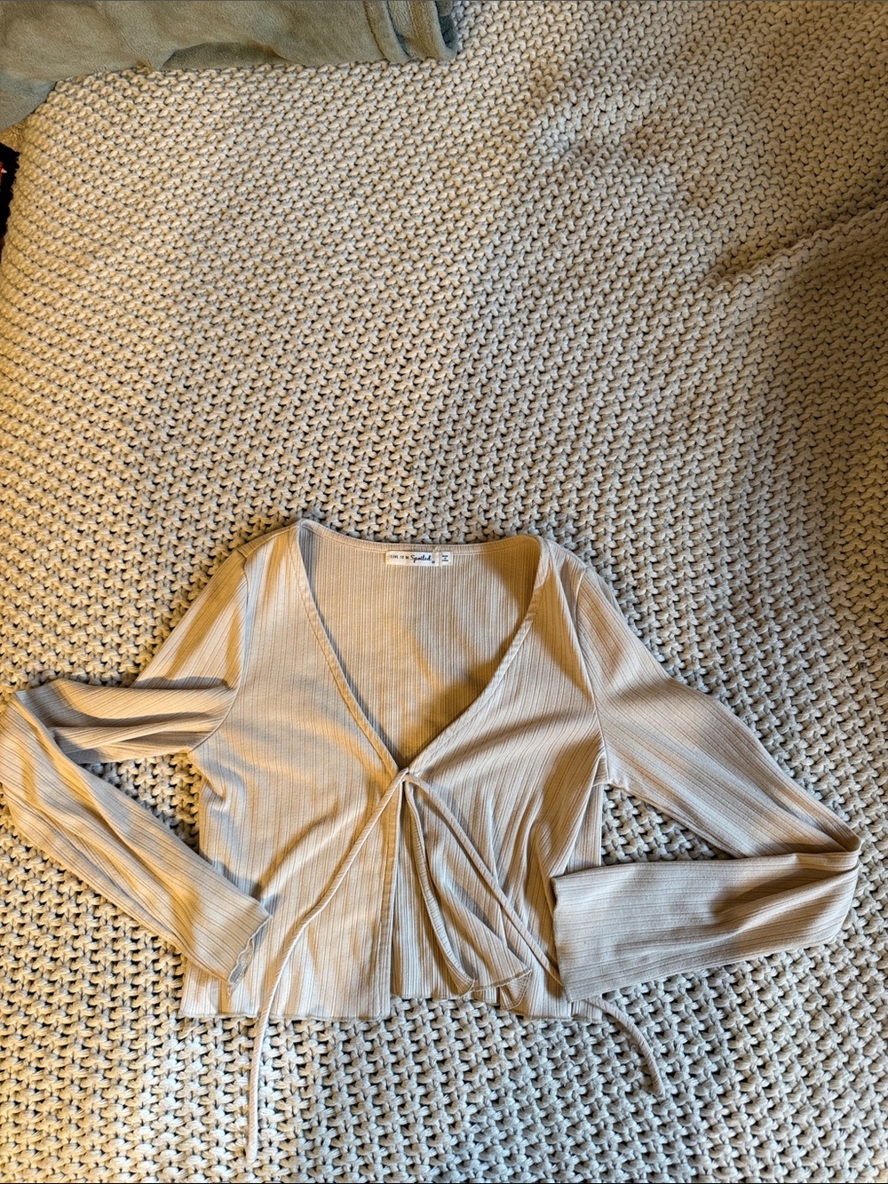 Ribbed Tie-Front Long Sleeve Top in Light Beige